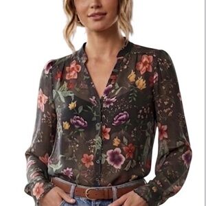 Kismet Dark Floral Sheer Button-Down Blouse - Size M